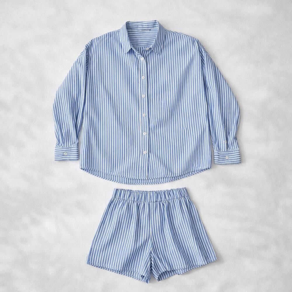 Talulah Blue White Stripe Cotton Pajama Set Button Shirt Shorts Small